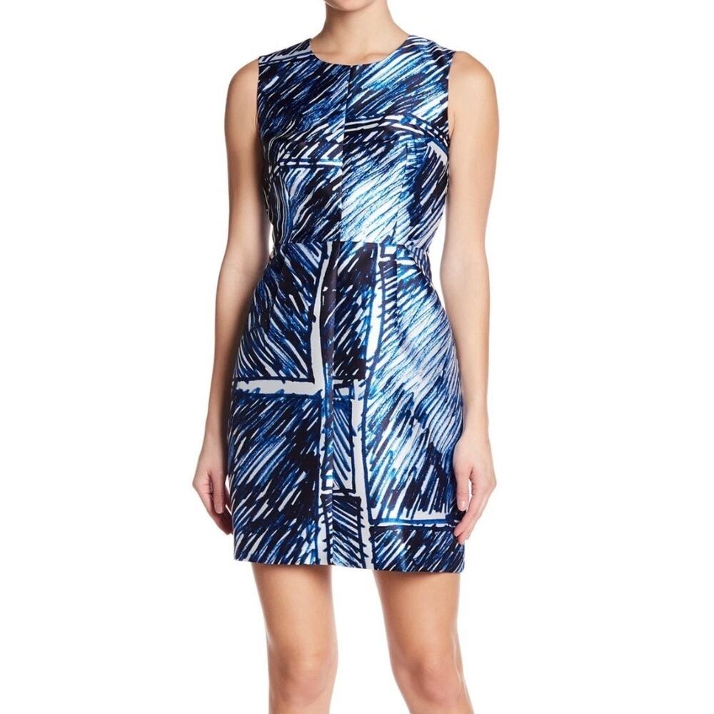 Milly Scribble Printed Sleeveless Satin Twill Sheath Mini Dress Women's 2 Blue